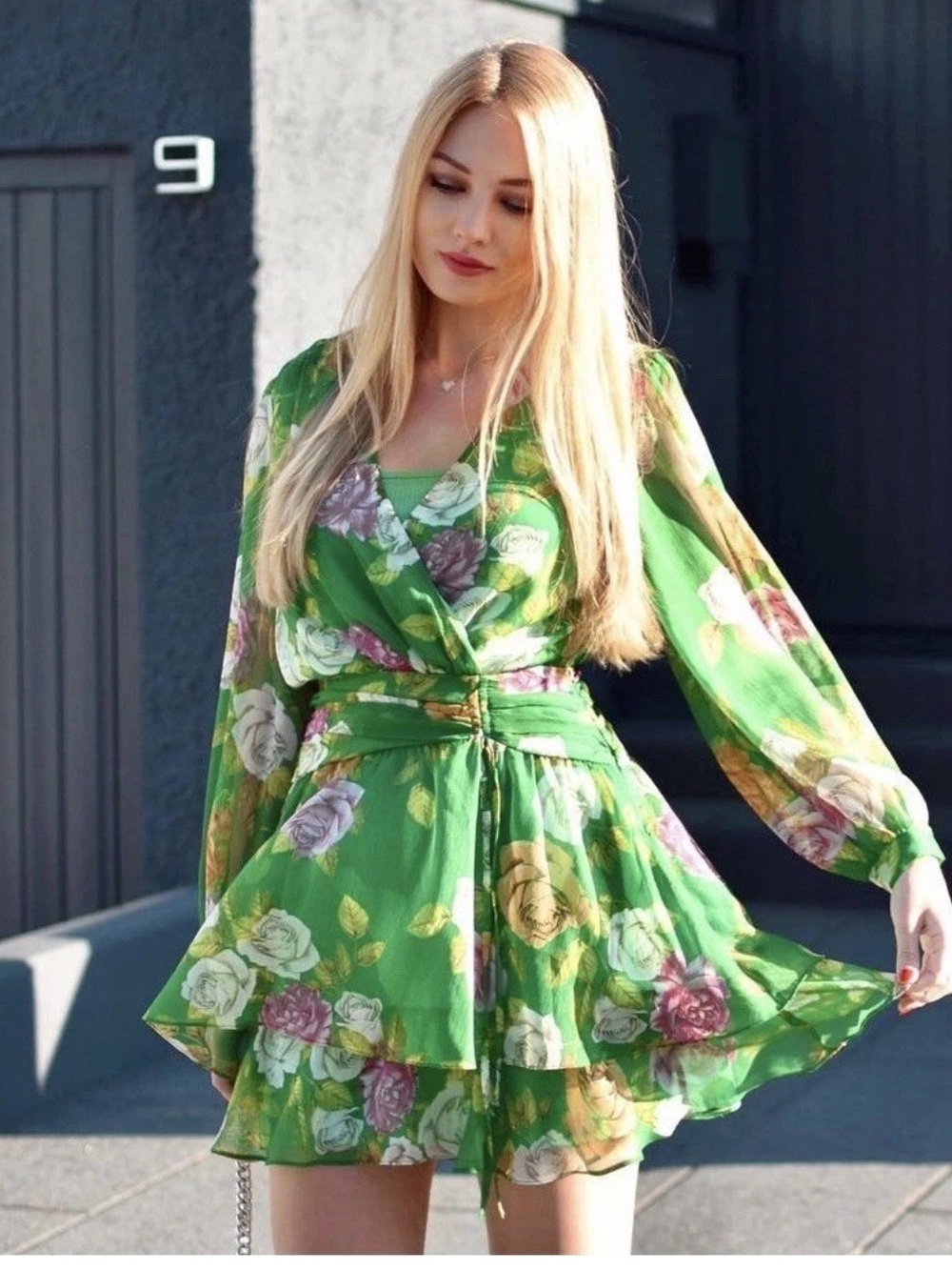 Sunday UP GREEN ROSE PRINT MINI RUFFLED DRESS SIZE large